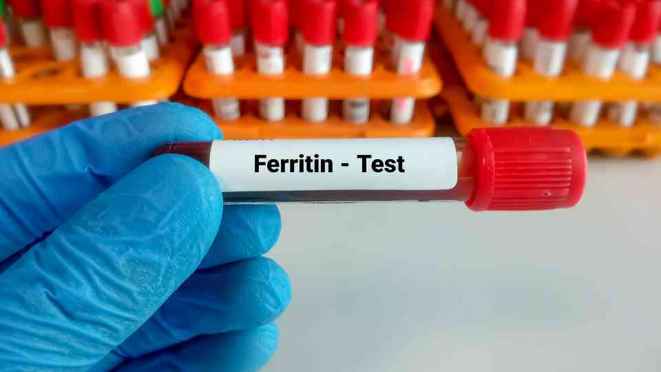 person wearing medical glove holding ferritin blood test in laboratory