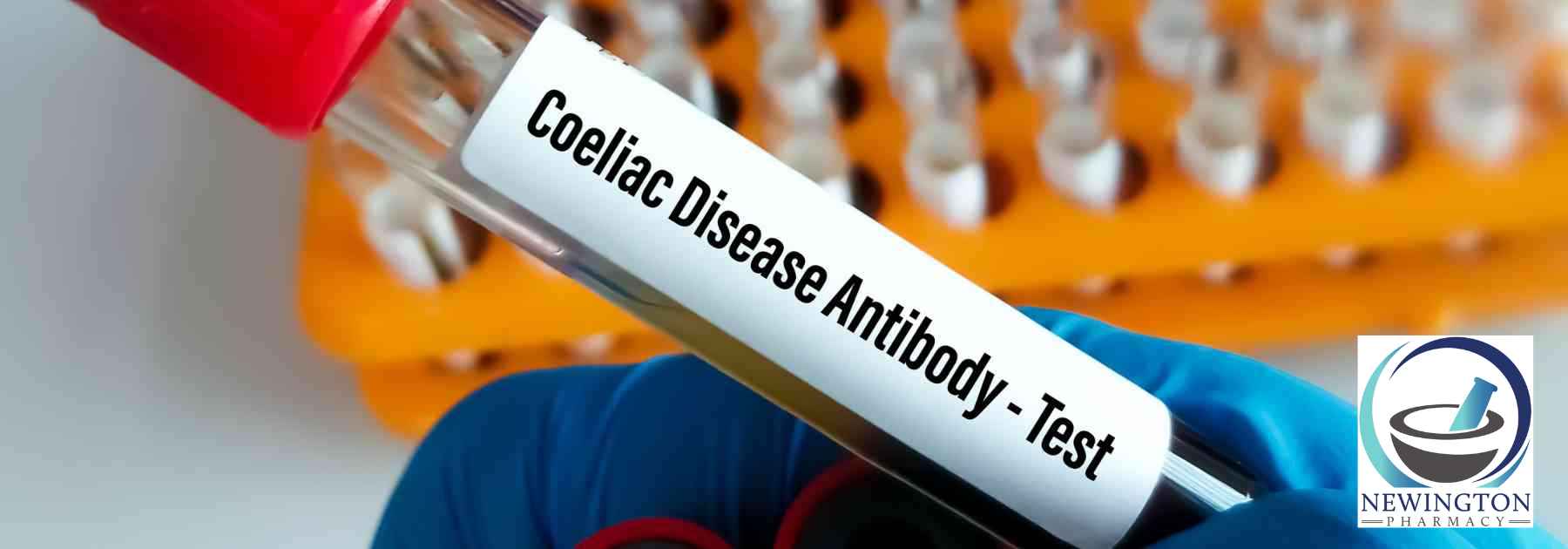 person in laboratory wearing medical glove holding blood test labelled coeliac disease antibody