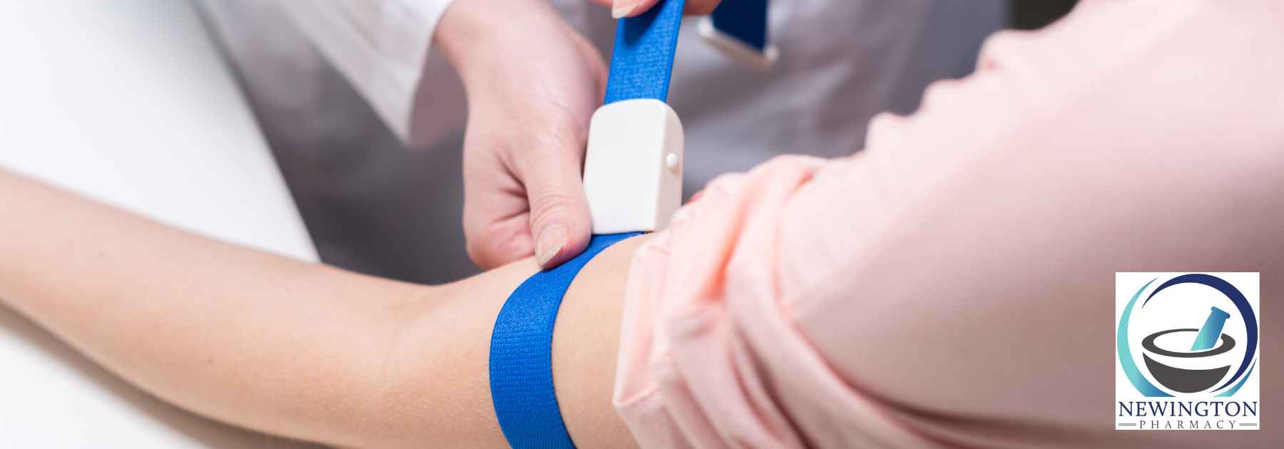 close-up of patient in pink shirt at blood test appointment